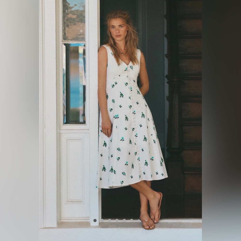 Anthropologie Sleeveless V-Neck Button Front Midi Dress, Embroidered Floral, XLP